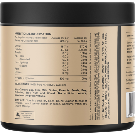 Switch Nutrition NAC 100% N-Acetyl L-Cystine Unflavoured 120g – back label