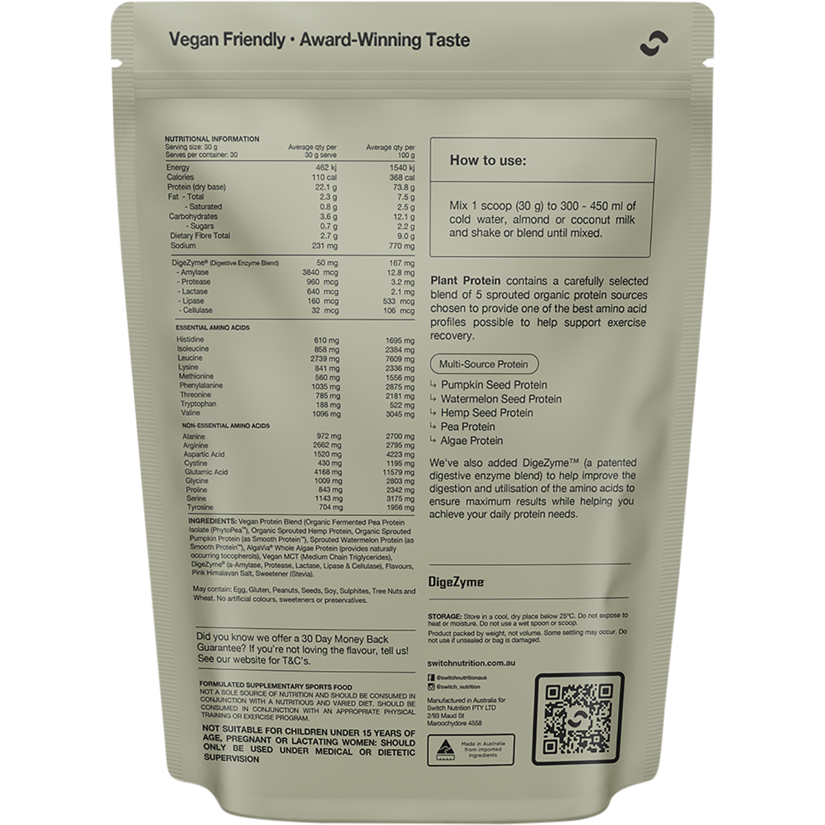 Switch Nutrition Organic Protein Sprouted Plant Vanilla Bean 900g – back label