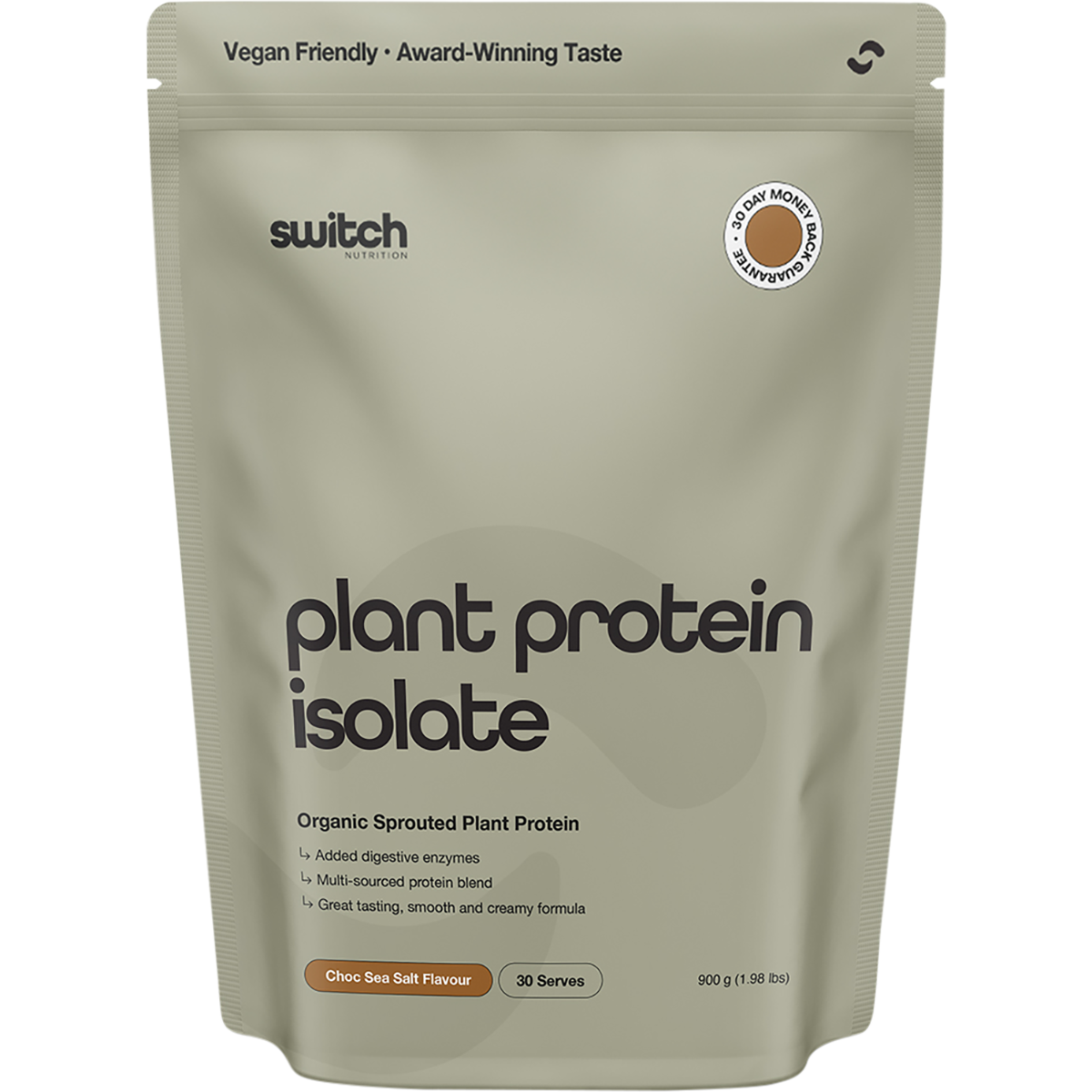 Switch Nutrition Organic Protein Sprouted Plant Choc Sea Salt 900g - BB 10/12/26 – front packaging