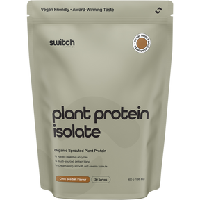 Switch Nutrition Organic Protein Sprouted Plant Choc Sea Salt 900g - BB 10/12/26 – front packaging