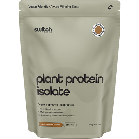 Switch Nutrition Organic Protein Sprouted Plant Choc Sea Salt 900g - BB 10/12/26 – front packaging