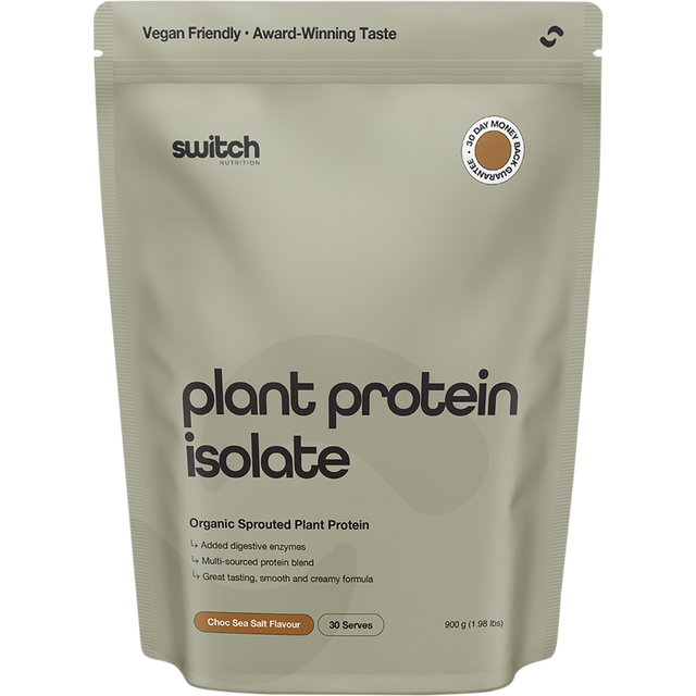 Switch Nutrition Organic Protein Sprouted Plant Choc Sea Salt 900g - BB 10/12/26 – front packaging