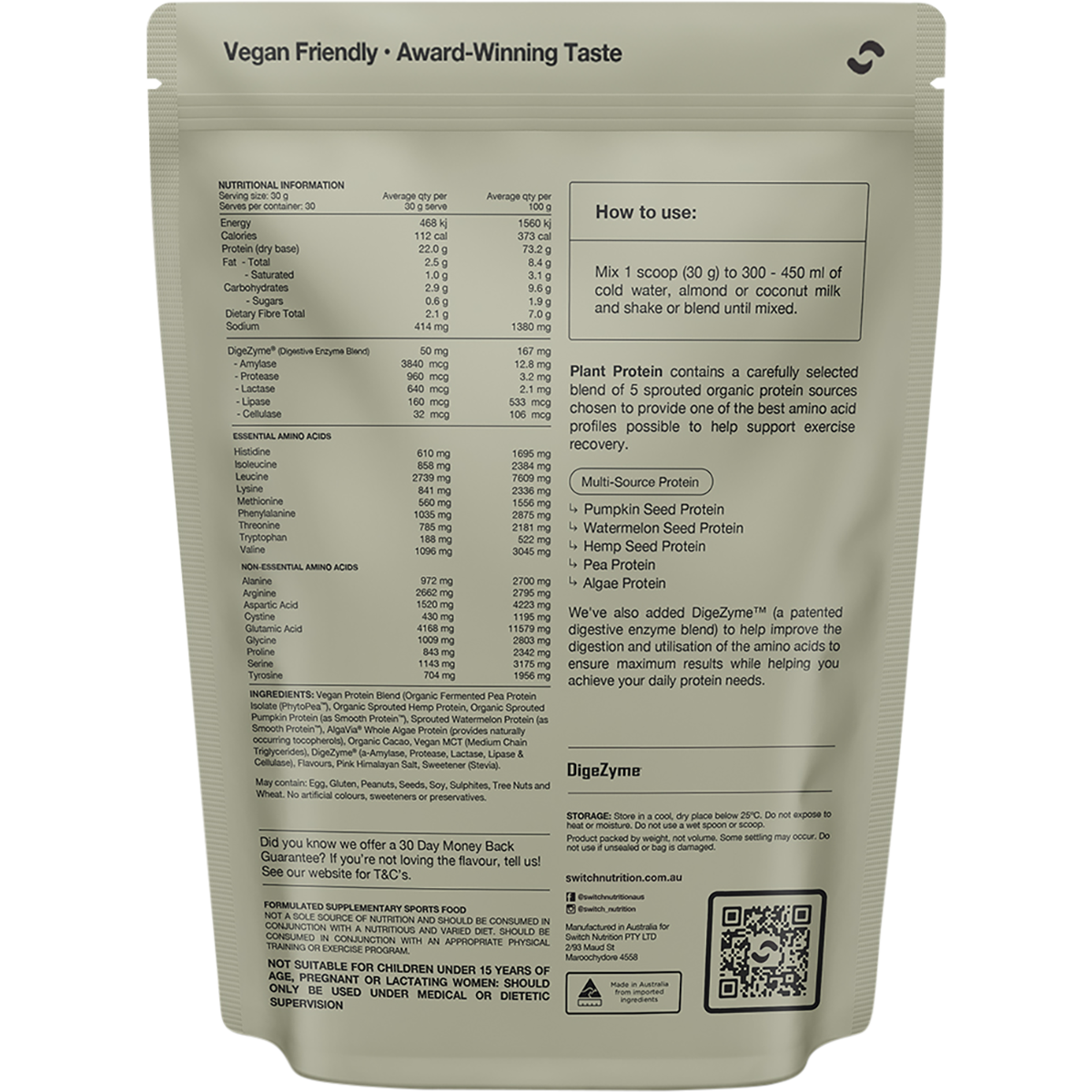 Switch Nutrition Organic Protein Sprouted Plant Choc Sea Salt 900g - BB 10/12/26 – back label