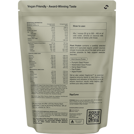 Switch Nutrition Organic Protein Sprouted Plant Choc Sea Salt 900g - BB 10/12/26 – back label