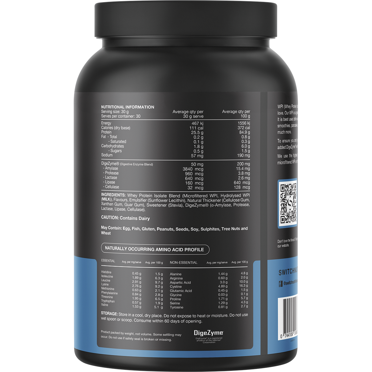 Switch Nutrition WPI Premium Whey Protein Isolate Vanilla Creme 900g – back label