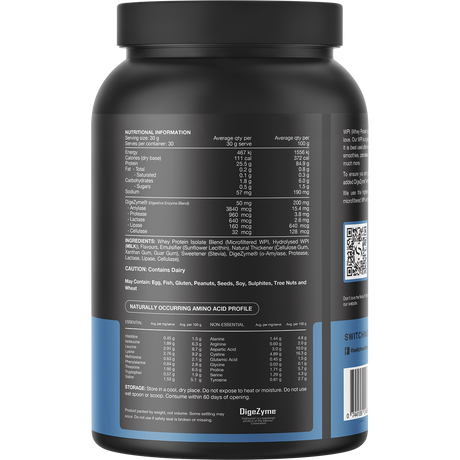 Switch Nutrition WPI Premium Whey Protein Isolate Vanilla Creme 900g – back label