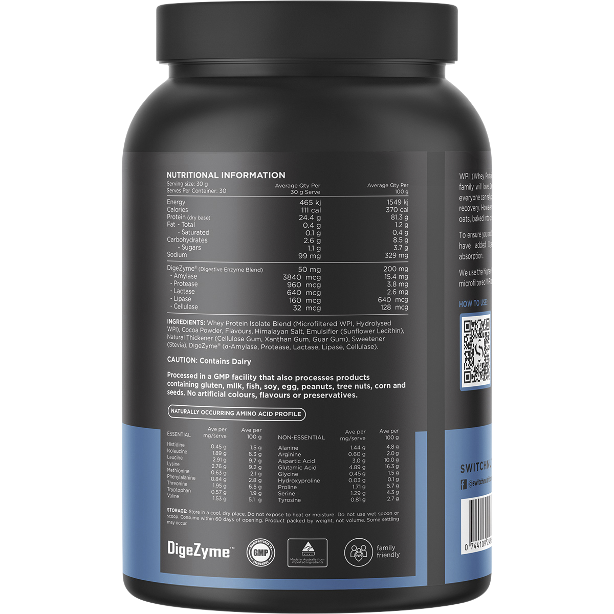 Switch Nutrition WPI Premium Whey Protein Isolate Milk Chocolate 900g – back label