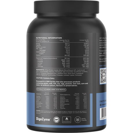 Switch Nutrition WPI Premium Whey Protein Isolate Milk Chocolate 900g – back label