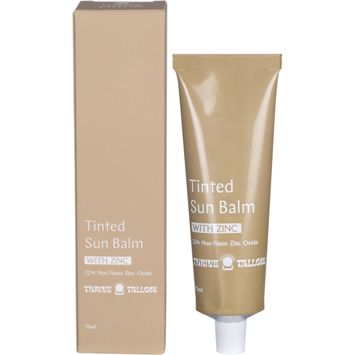 Thrive Tallow Tinted Sun Balm with Zinc 70ml - product and packaging