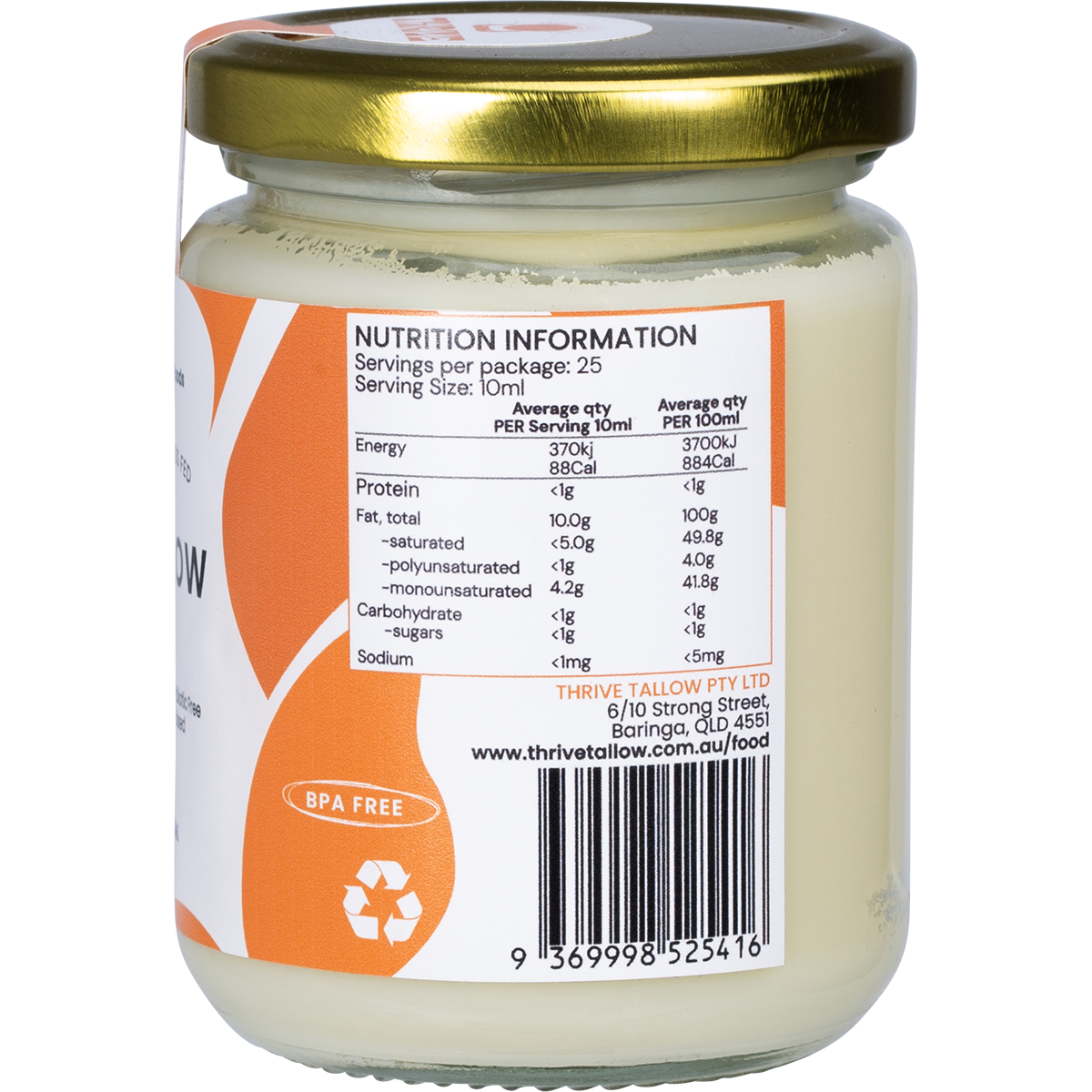 Thrive Tallow 100% Grass Fed Tallow 250ml - right side view