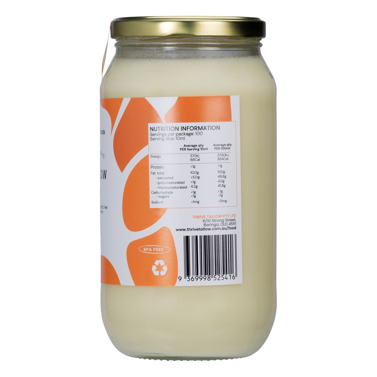 Thrive Tallow 100% Grass Fed Tallow 1L - right side view