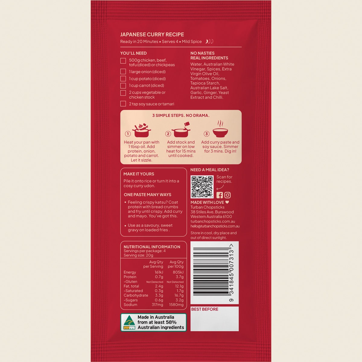 Back of Turban Chopsticks Japanese Curry paste 80g packaging with product information