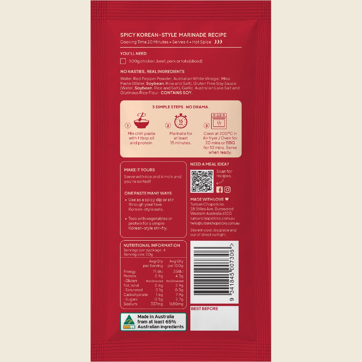 Back of Turban Chopsticks Korean Gochujang chilli paste 80g packaging with product information
