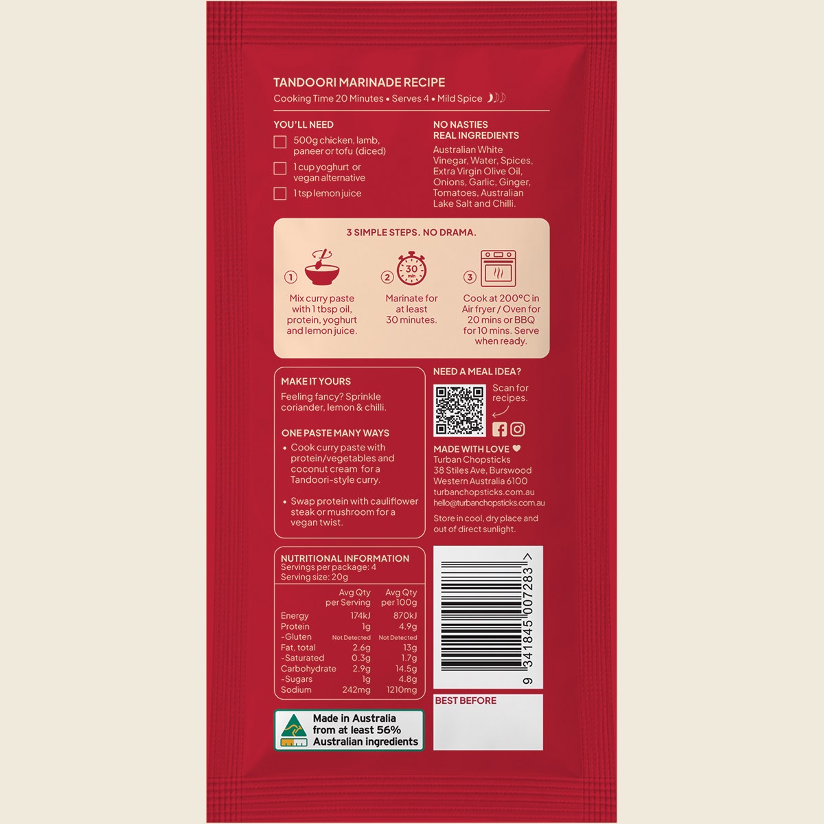 Back of Turban Chopsticks Tandoori curry paste 80g packaging with product information