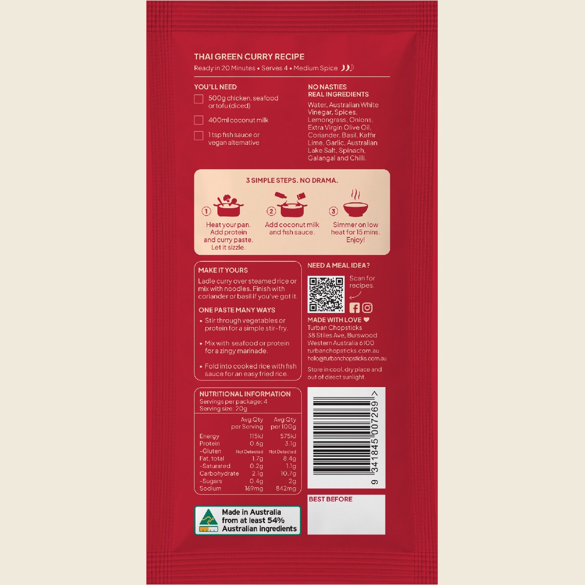 Back of Turban Chopsticks Thai Green Curry paste 80g packaging with product information