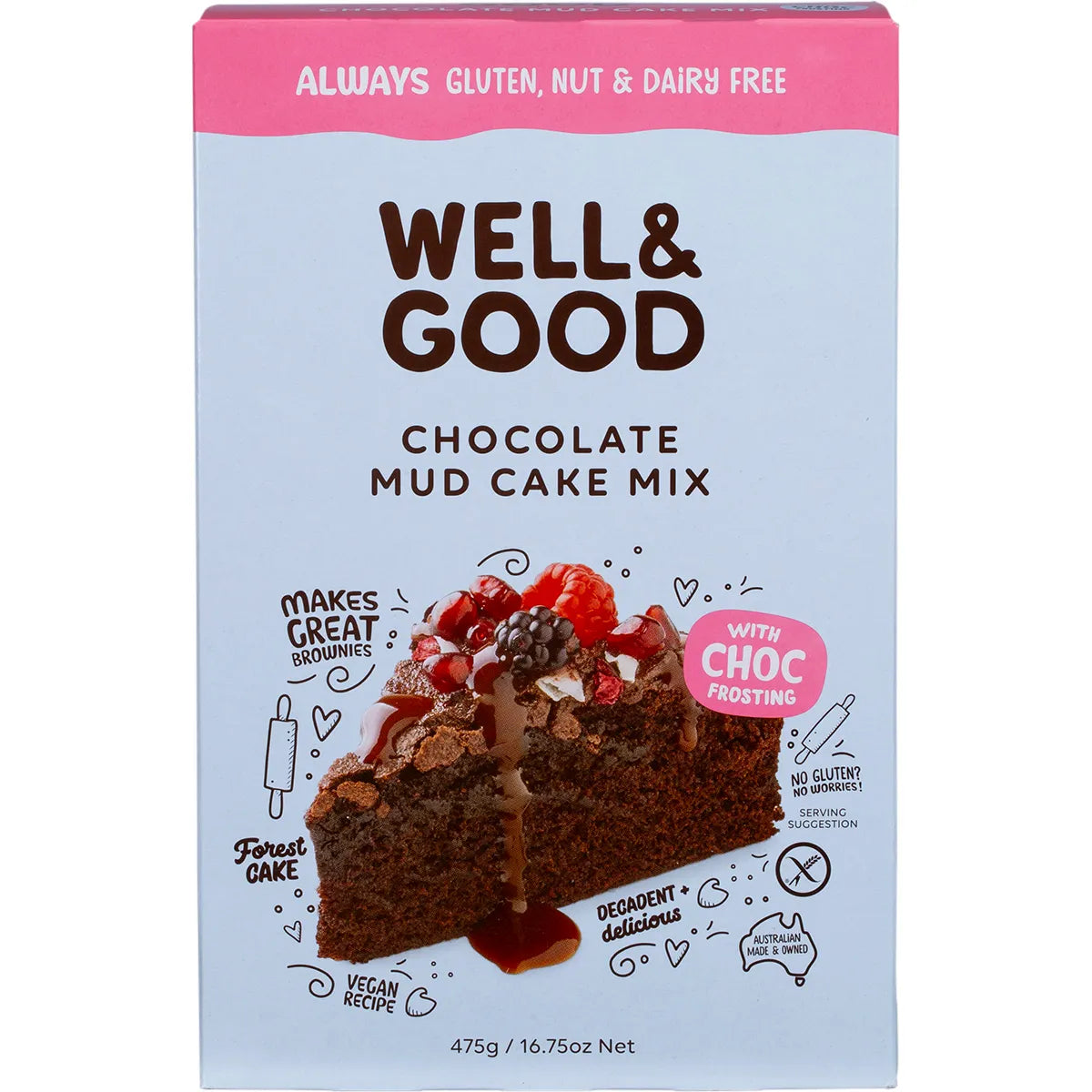 Well & Good Chocolate Mud Cake Mix with Choc Frosting 475g