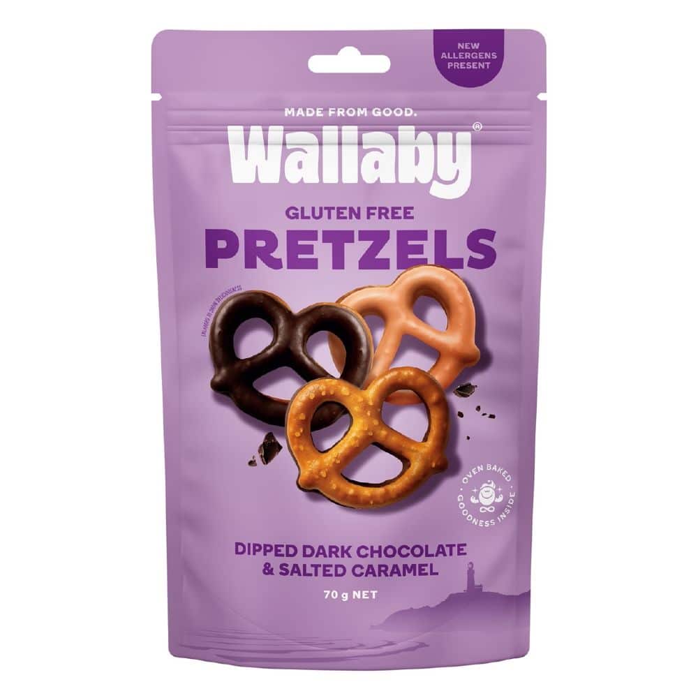 Wallaby Pretzels Assorted Dark Chocolate and Caramel Chocolate Gluten Free 70g Front