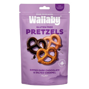 Wallaby Pretzels Assorted Dark Chocolate and Caramel Chocolate Gluten Free 70g Front