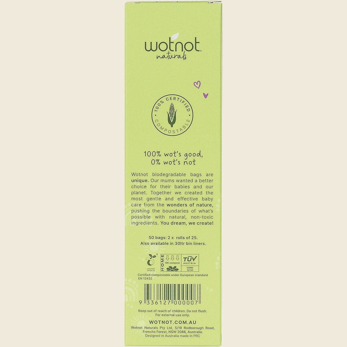 Wotnot Compostable Nappy Bags 50 Pack box back
