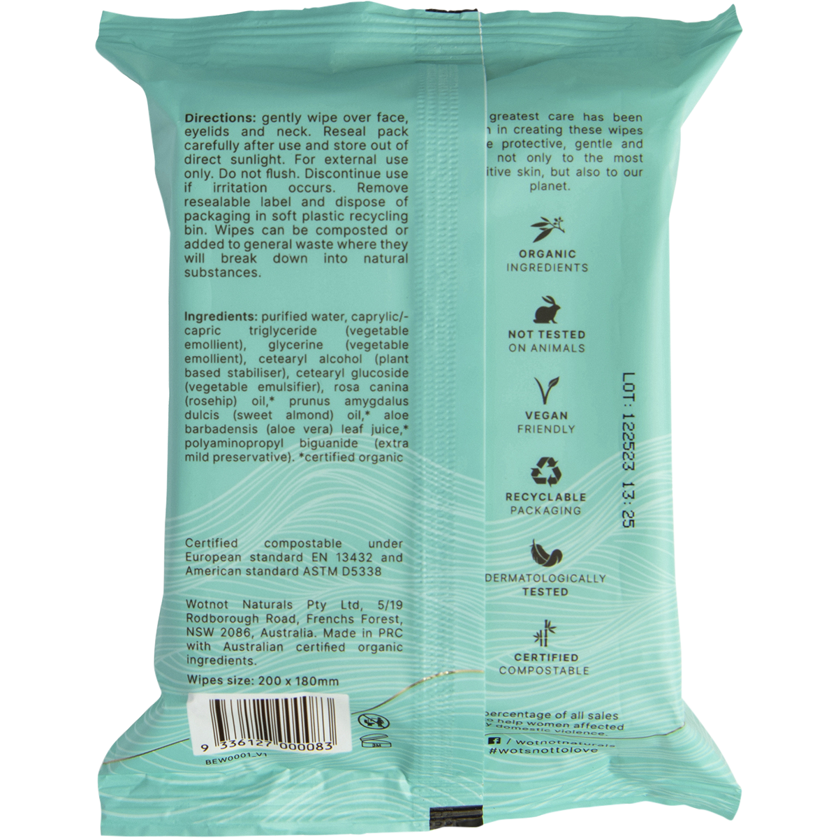 Wotnot Natural Face Wipes For Sensitive Skin x 25 back view