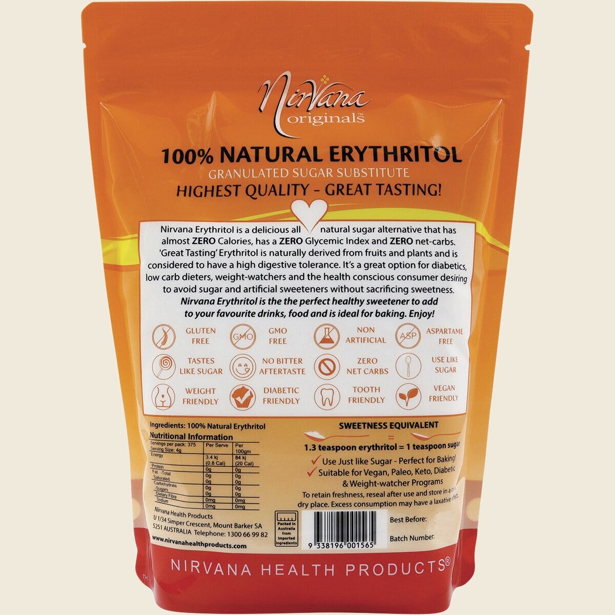 Nirvana Originals Erythritol 100% Natural 1.5kg Back
