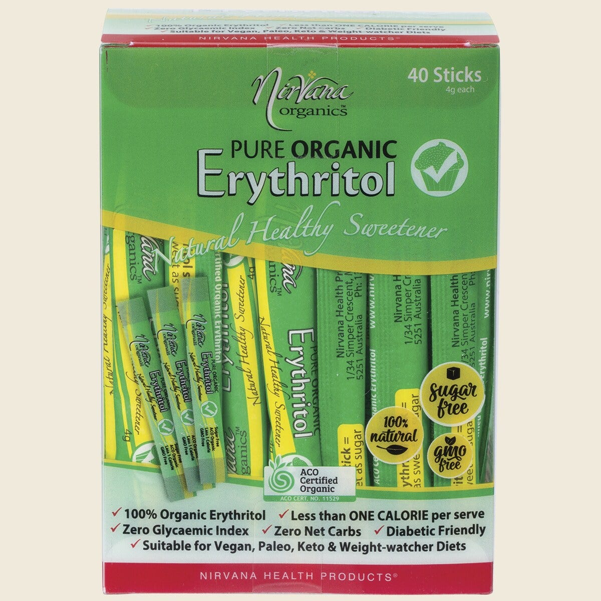 Nirvana Organics Erythritol Pure Organic Sticks 40 x 4g Front