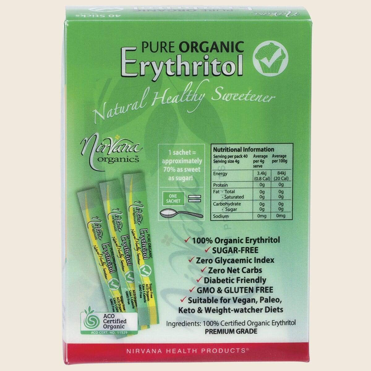 Nirvana Organics Erythritol Pure Organic Sticks 40 x 4g Back