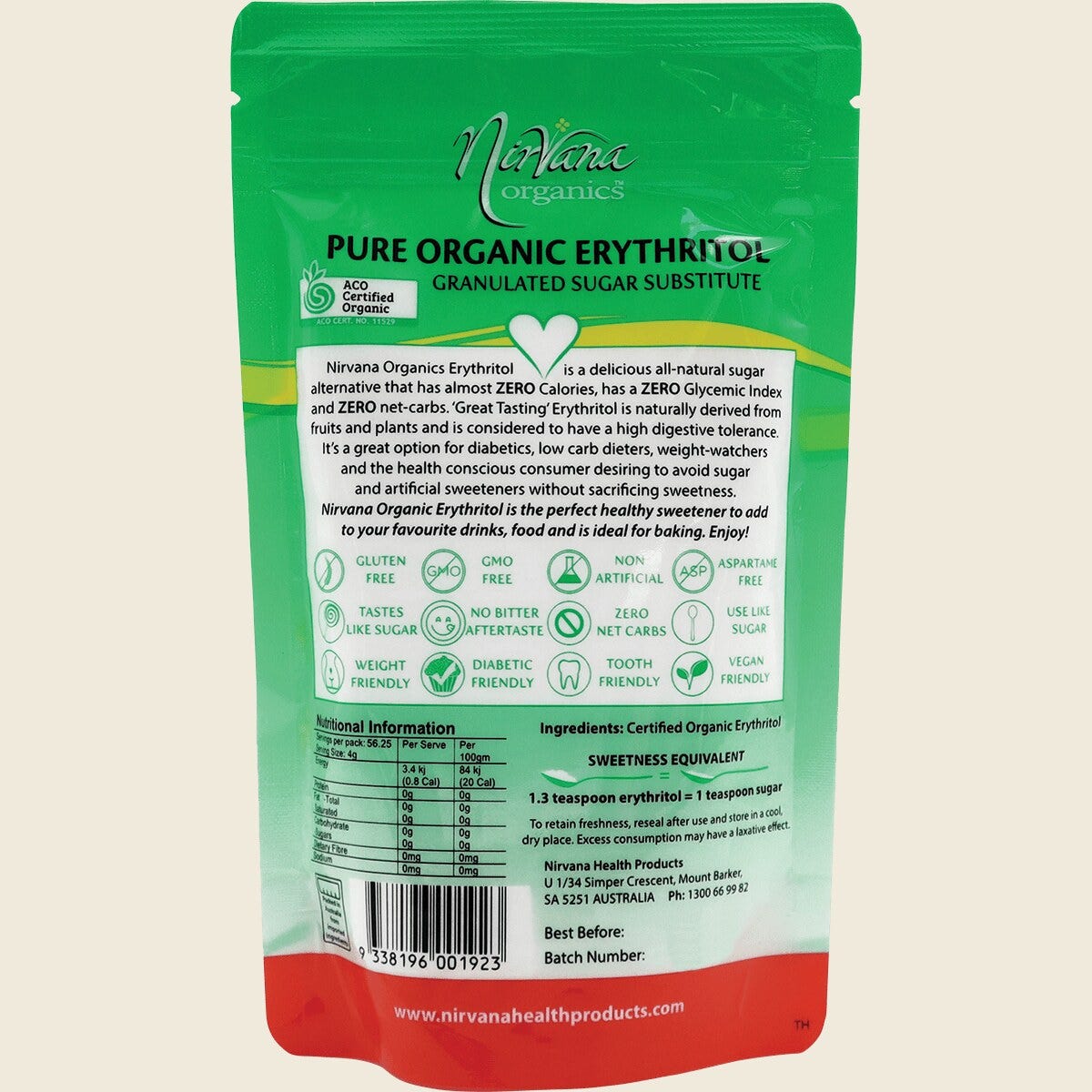 Nirvana Organics Erythritol Pure Organic 225g Back