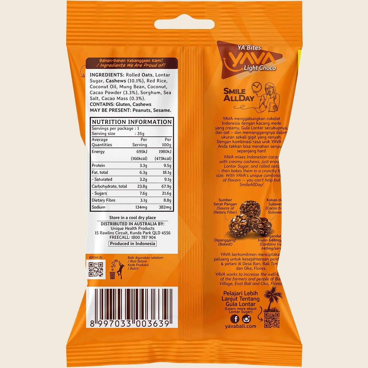 Yava YA'Bites Granola Snack Light Choco 35g 8-pack back