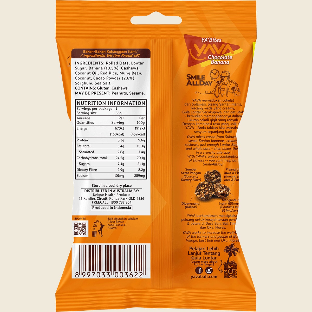 Yava YA'Bites Granola Snack Chocolate Banana 35g 8-pack back