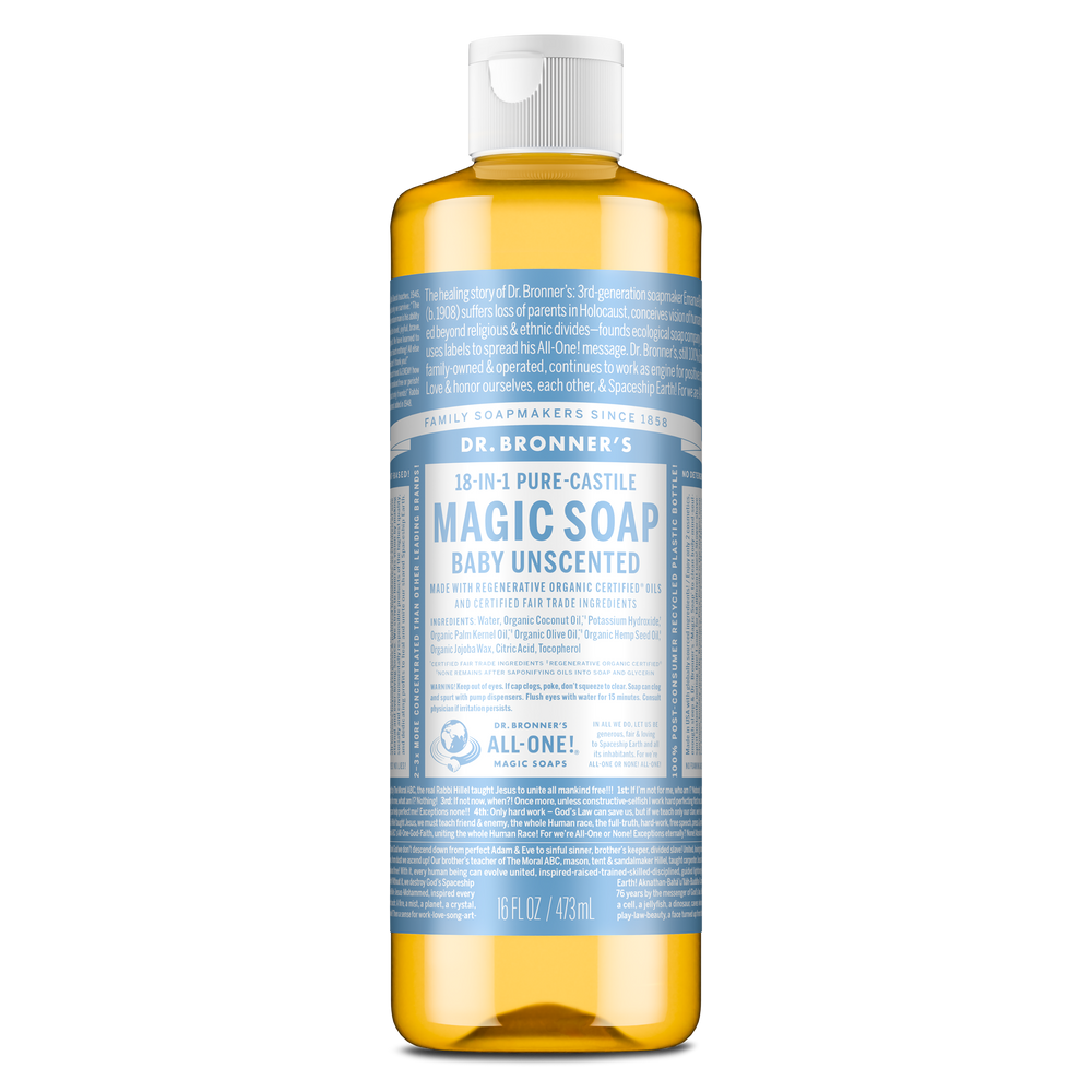 Dr. Bronner's Pure-Castile Magic Soap Liquid (18-In-1) Baby Unscented 473mL Front