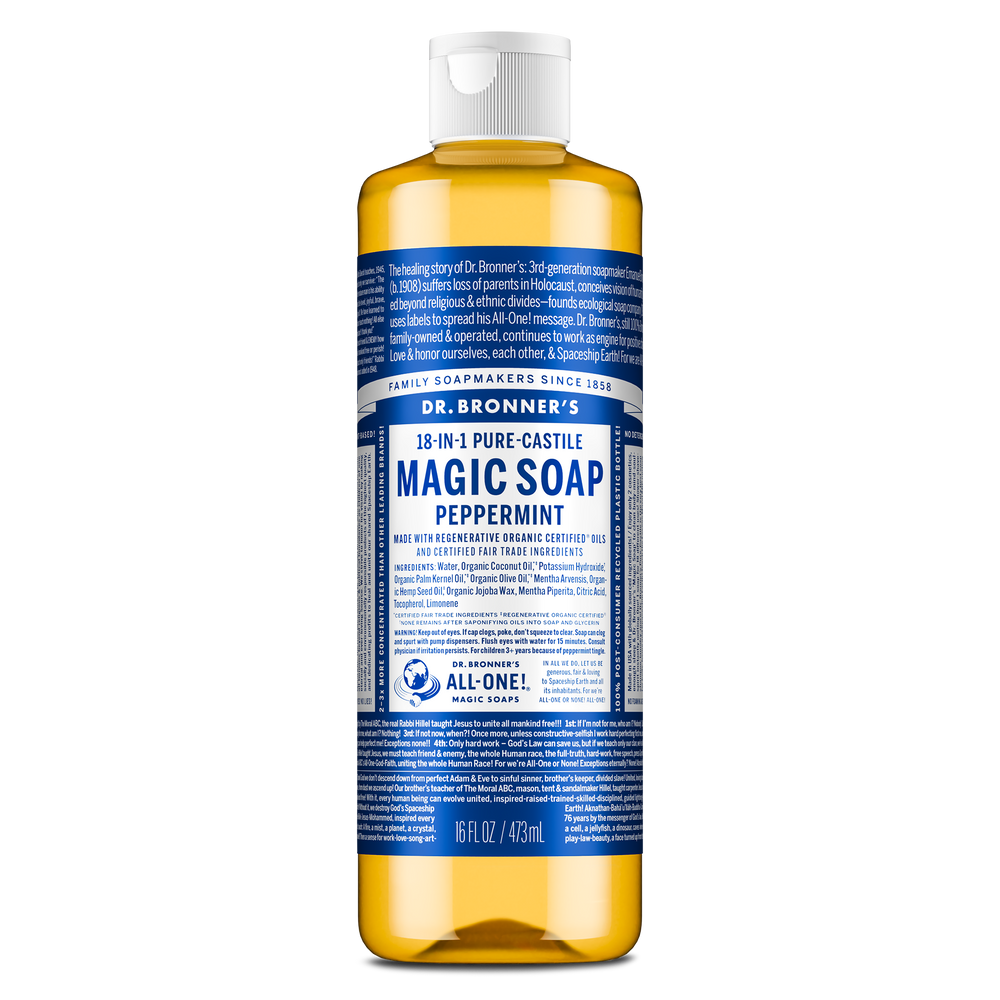 Dr. Bronner's Pure-Castile Magic Soap Liquid (18-In-1) Peppermint 473mL Front