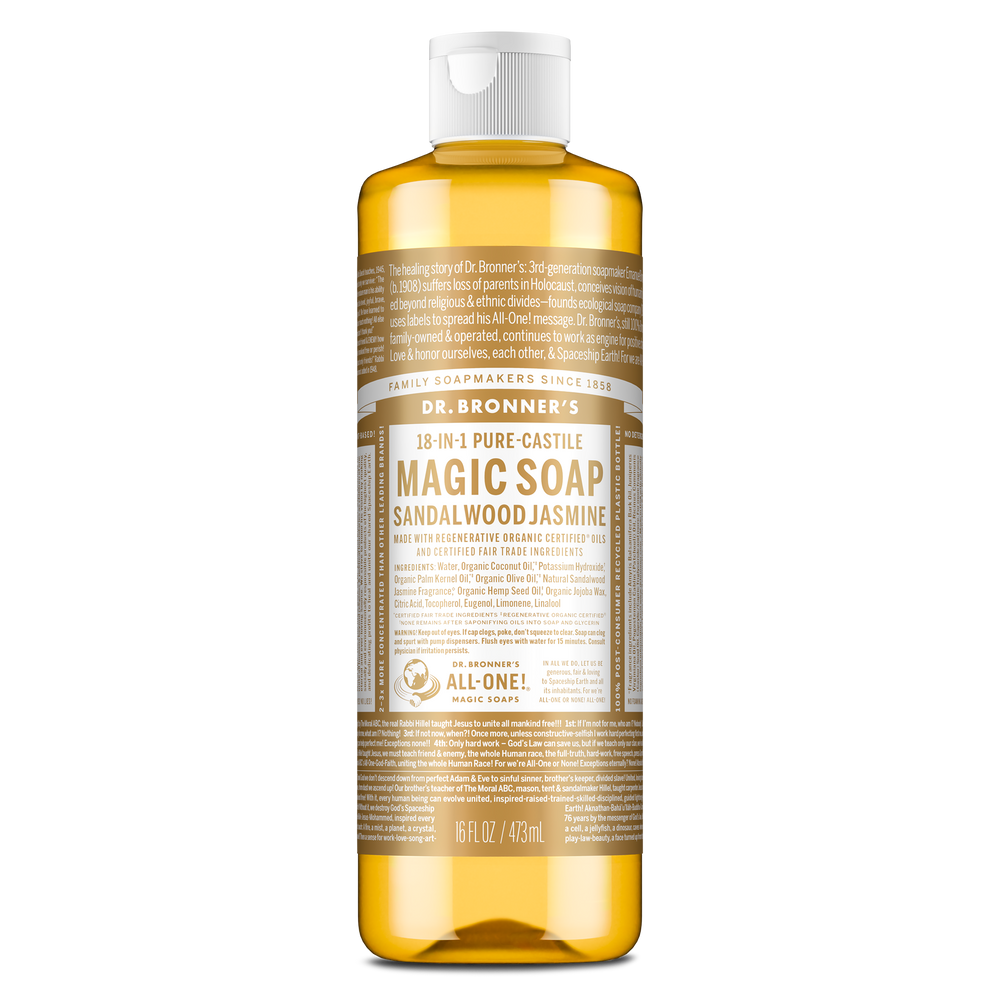 Dr. Bronner's Pure-Castile Magic Soap Liquid (18-In-1) Sandalwood Jasmine 473mL Front