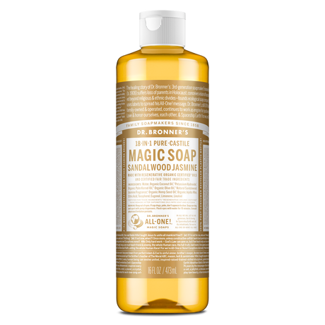 Dr. Bronner's Pure-Castile Magic Soap Liquid (18-In-1) Sandalwood Jasmine 473mL Front