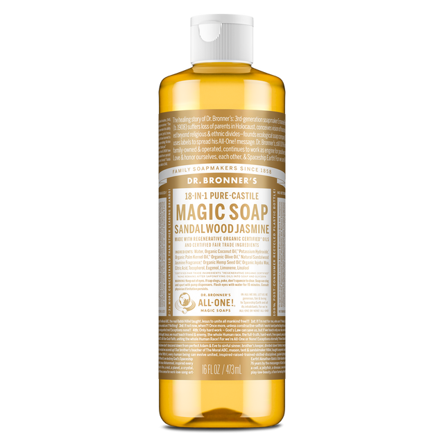 Dr. Bronner's Pure-Castile Magic Soap Liquid (18-In-1) Sandalwood Jasmine 473mL Front