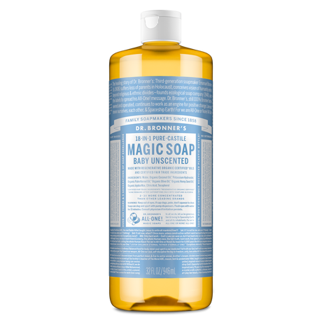 Dr. Bronner's Pure-Castile Magic Soap Liquid (18-In-1) Baby Unscented 946mL Front
