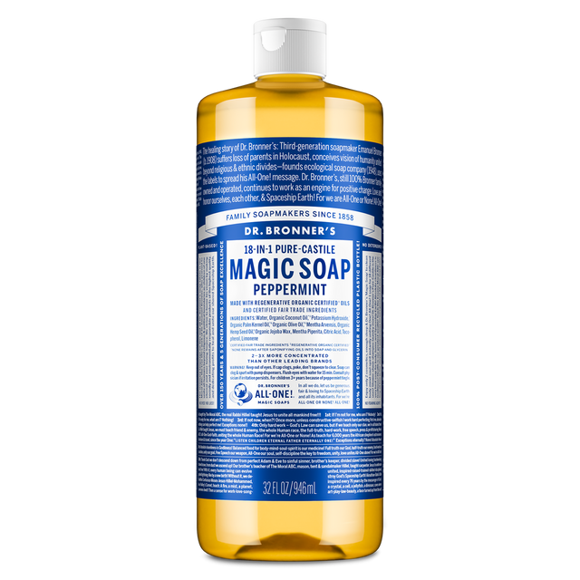 Dr. Bronner's Pure-Castile Magic Soap Liquid (18-In-1) Peppermint 946mL Front
