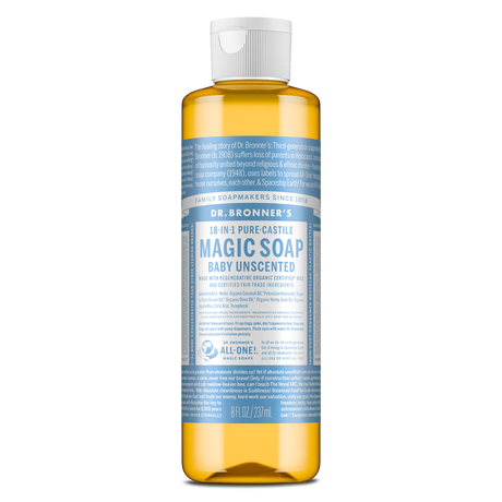 Dr. Bronner's Pure-Castile Magic Soap Liquid (18-In-1) Baby Unscented 237mL Front