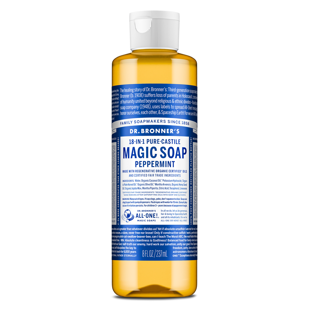 Dr. Bronner's Pure-Castile Magic Soap Liquid (18-In-1) Peppermint 237mL Front