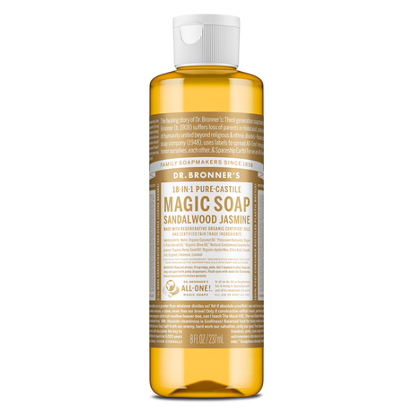 Dr. Bronner's Pure-Castile Magic Soap Liquid (18-In-1) Sandalwood Jasmine 237mL Front
